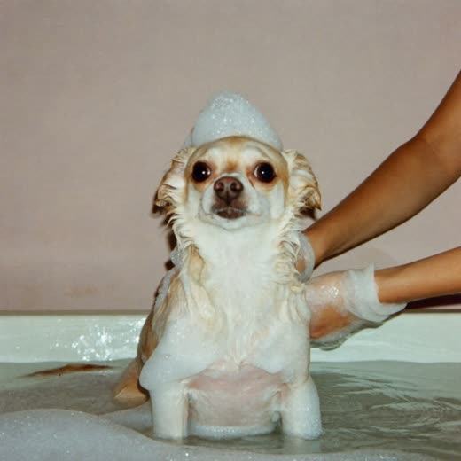 A small dog being shampooed in a grooming bath